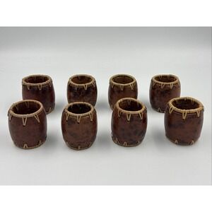 Vintage Set of 8 Pier 1 Handmade Pottery Barrel Raffia Tamarind Napkin Rings